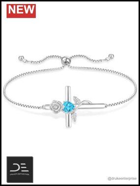 Sterling Silver Cross Bracelet with Created Aquamarine Heart Charm